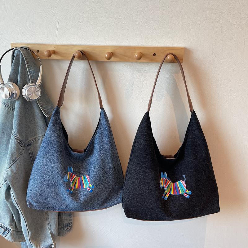 Fashionable Denim Large Capacity Shoulder Bags Leisure Cartoon Print Tote Bags Denim Fabric Korean Version Retro Underarm Bags