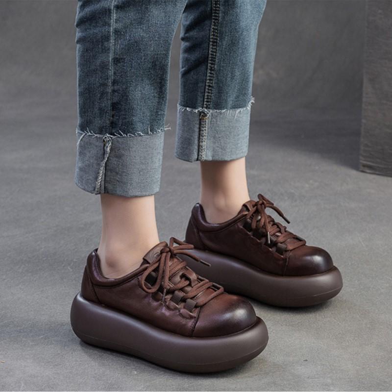 Johnature Versatile British Style Thick Soled Shoes Genuine Leather Retro Round Toe Lace Up Women's Shoes