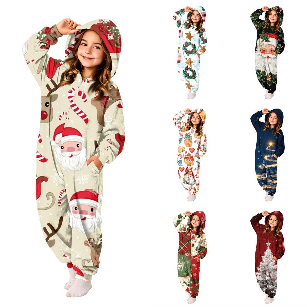 Kinder Weihnachts-Flanell-Einteiler mit Aufdruck, Hausanzug-Set