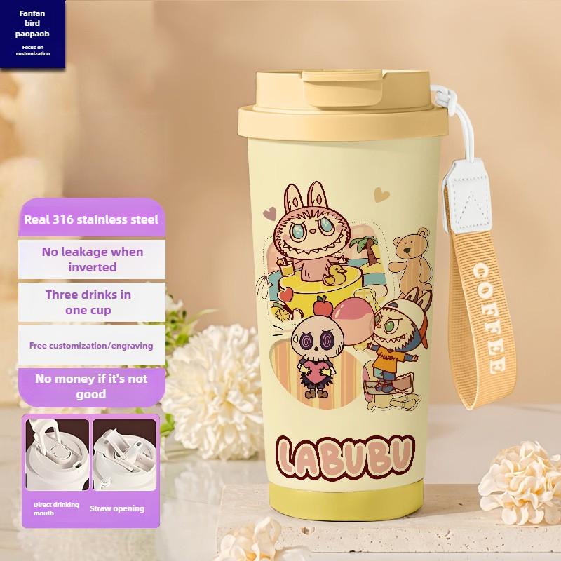 Tecknad Rostfri Stålkopp Högvärdig Termosmugg 3D Dubbel Drickstrå Kaffekopp