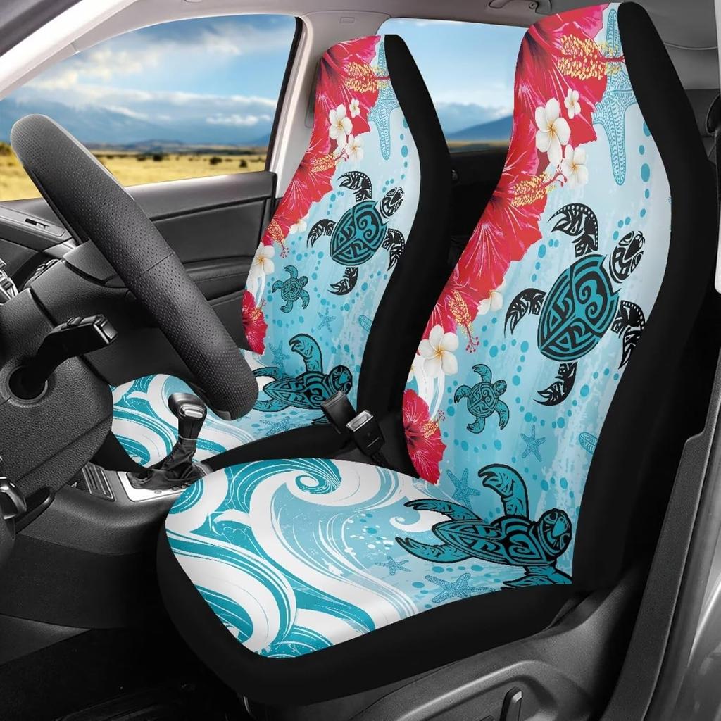 Bulopur Multicolor Polyester Universal Fit Car Truck SUV Van Automotive Seat Covers, 2pcs Front, Hibiscus Floral & Sea Turtle Print