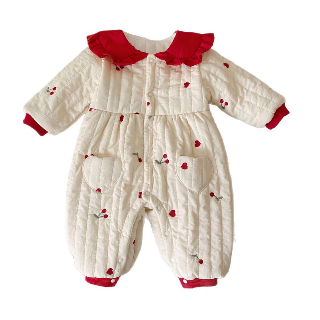 Třešňové srdce prošívaná fleecová kombinéza s límečkem Petra Pana pro holčata