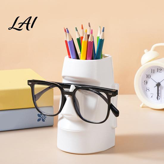 Desk Storage Box Resin Glass Stand Pen Holder Moai Statue Pencil Container Glasses Stationery Organizer Eyeglass Display Rack for Home Office