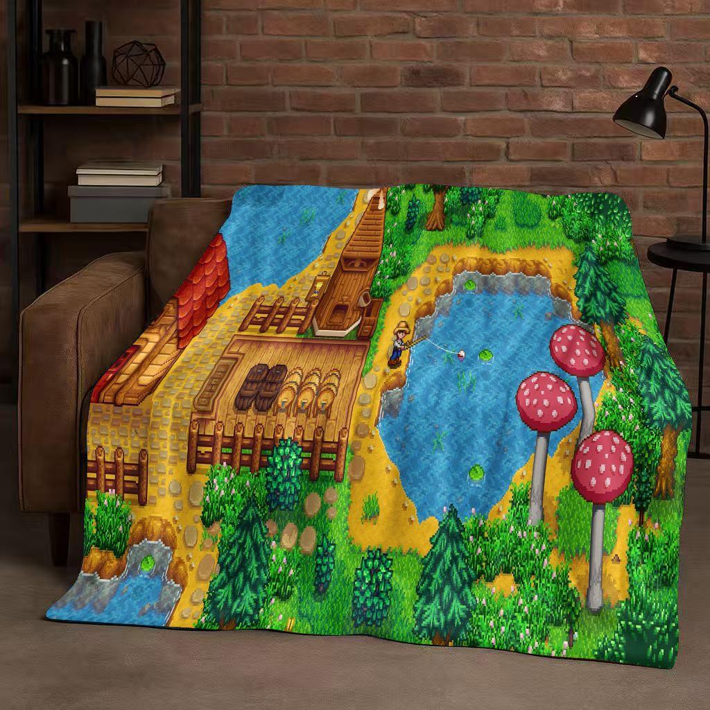 3D Retro Stardew Valley Farm Map Pixel Game Flannel Blanket,Ultra Soft Warm Plush Throw for Home Bedroom Bed Sofa Cover Kid Gift