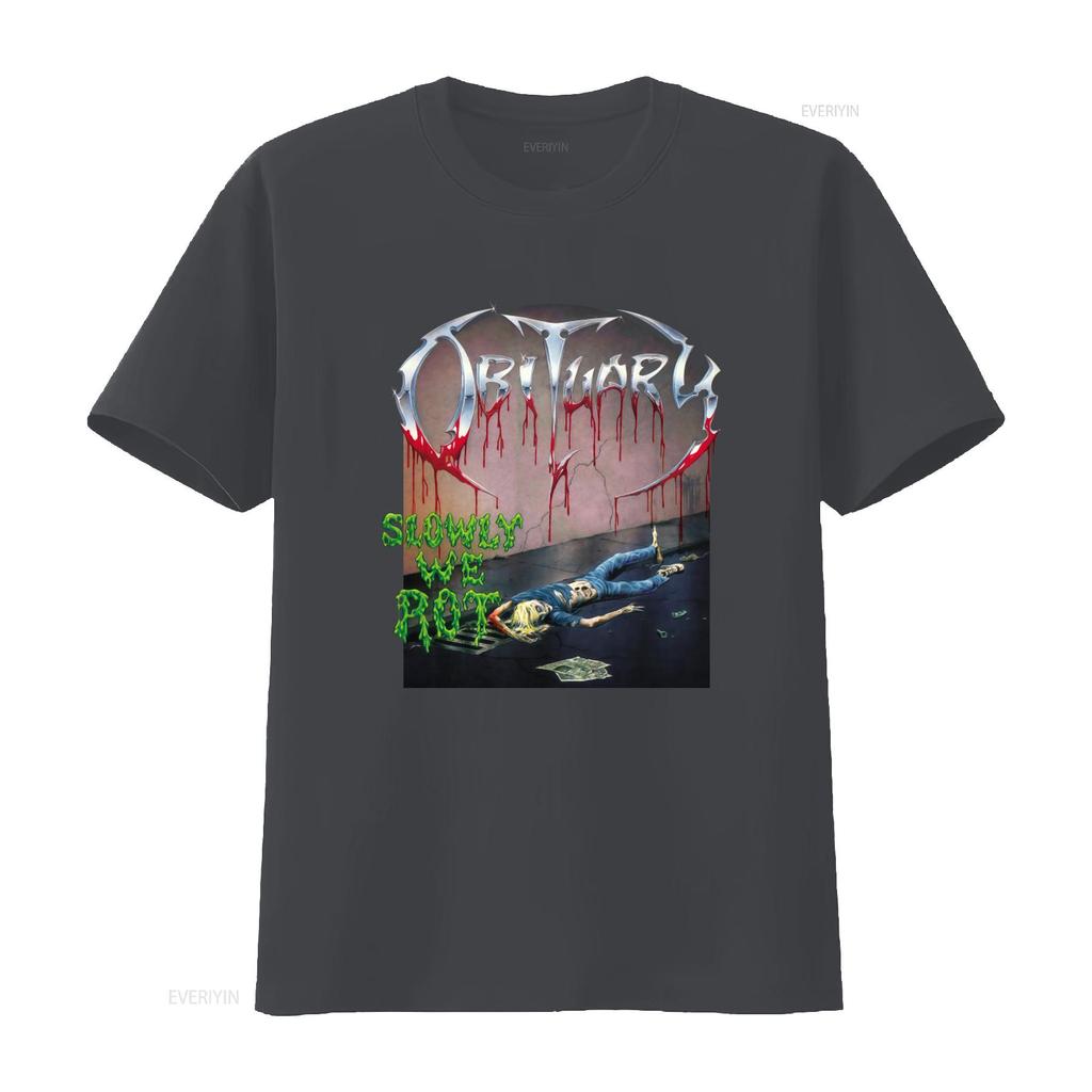 Obituary Slowly We Rot Print T Shirt For Unisex Black Large Size Vintage Washed Fashion Slightly Stylish Unisex Graphic Versatile