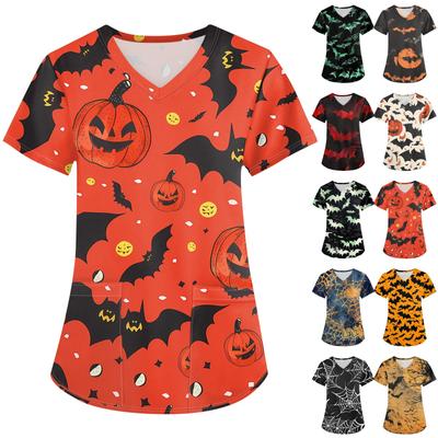 Damenmode V-Ausschnitt Kurzarm Arbeitskleidung mit Taschen Halloween bedruckte Tops