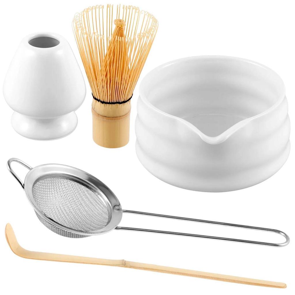 סט מטרפות מאצ'ה קערת מאצ'ה קרמית עם פתח מזיגה מטרפת במבוק למאצ'ה מסננת נירוסטה מחזיק מטרפה קרמי כף במבוק