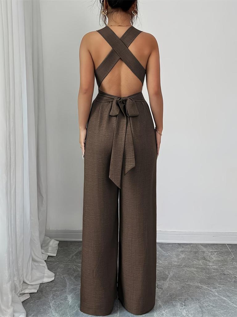 European Women's 2025 V-Neck Backless Cross-Waist Wide-Leg Jumpsuit