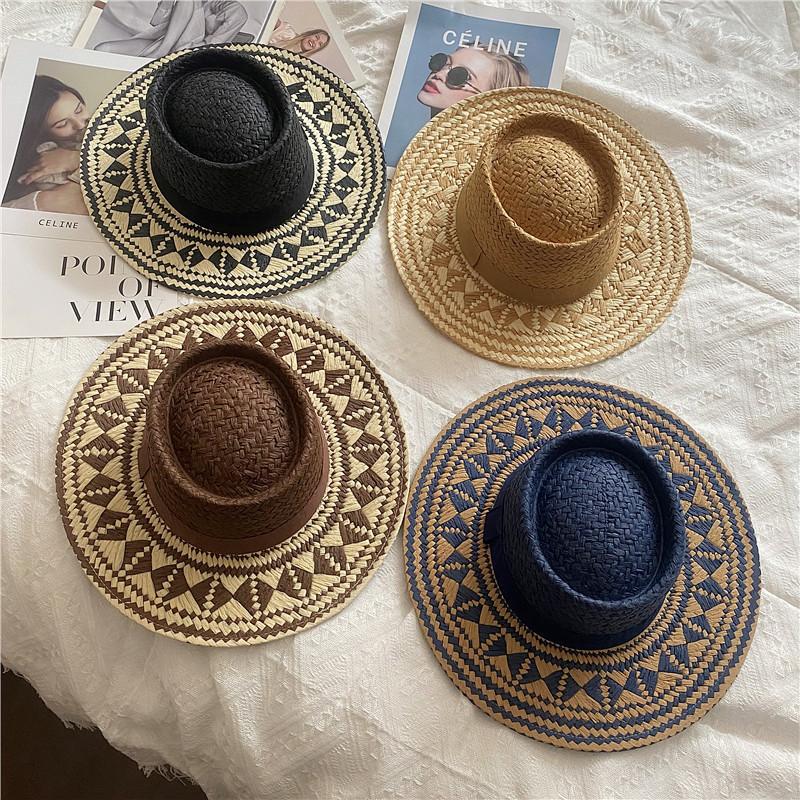 Ethnic Style Wide Brim Straw Hat For Sun Protection Beach Vacation Summer Travel