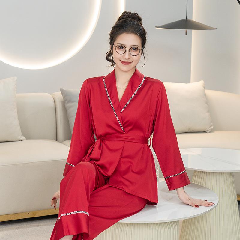 Satin-Pyjama für Damen, Herbst, neue langärmelige Strickjacke, Nachtwäsche, sexy Revers, Bademantel, Heimkleidung, lässige Nachtwäsche, zweiteiliges Set