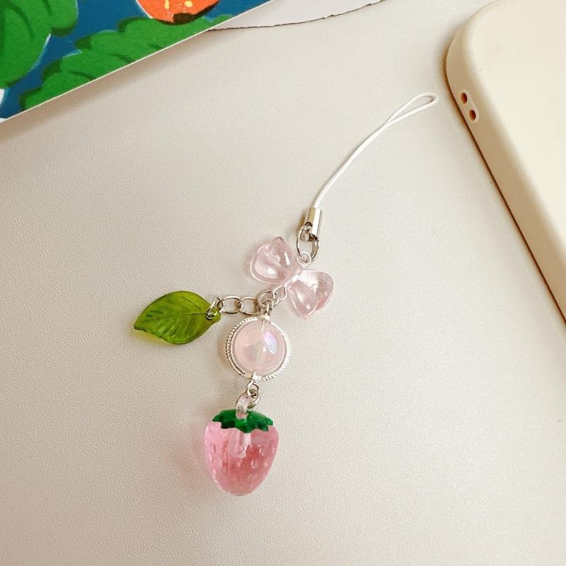 Stylish Acrylic Strawberry Green Leaf Phone Strap Mobile Hanging Decoration Charm for Decorative Fashion Use