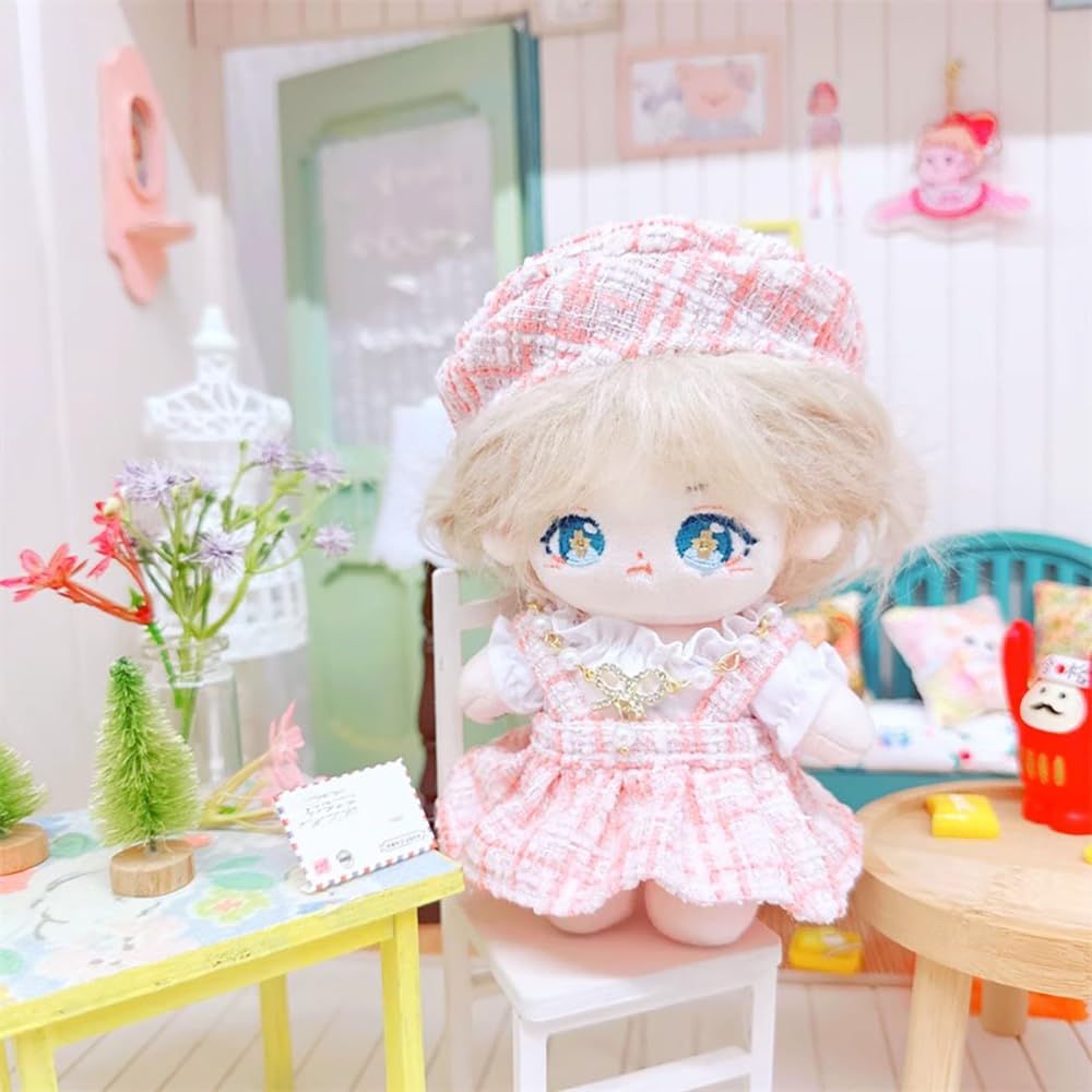 Niannyyhouse 10cm~15cm Plüschpuppenkleidung, Hut, Weißes Hemd, Rock, Accessoires, Baumwollpuppe, Verkleidung (Rosa)