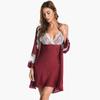 Luxury pajamas women's sexy deep V ice silk nightgown thin lace suspender nightdress home bathrobe two-piece set