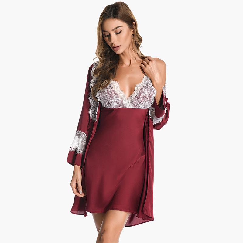 Luxury pajamas women's sexy deep V ice silk nightgown thin lace suspender nightdress home bathrobe two-piece set