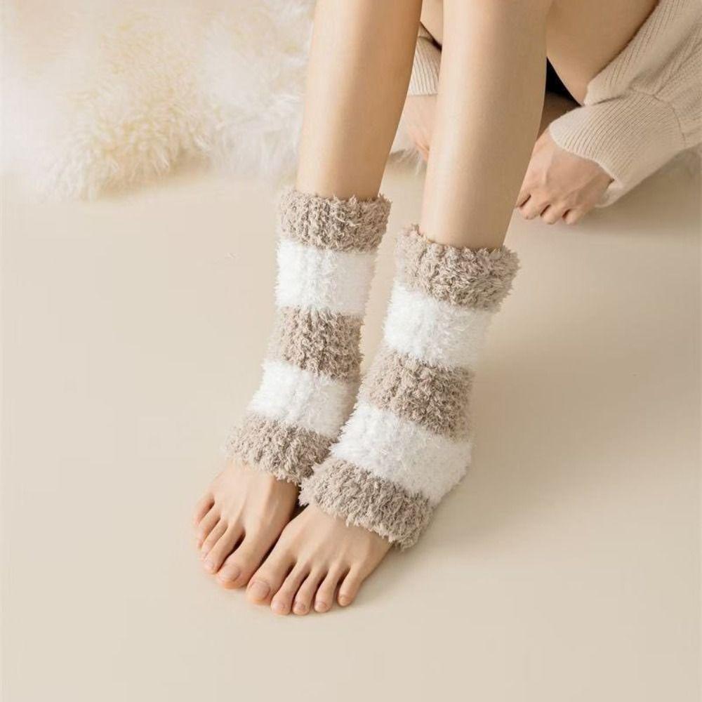 Stripe Short Tube Sock Cover Simple Winter Foot warmer Kawaii Coral Fleece Stockings  Autumn