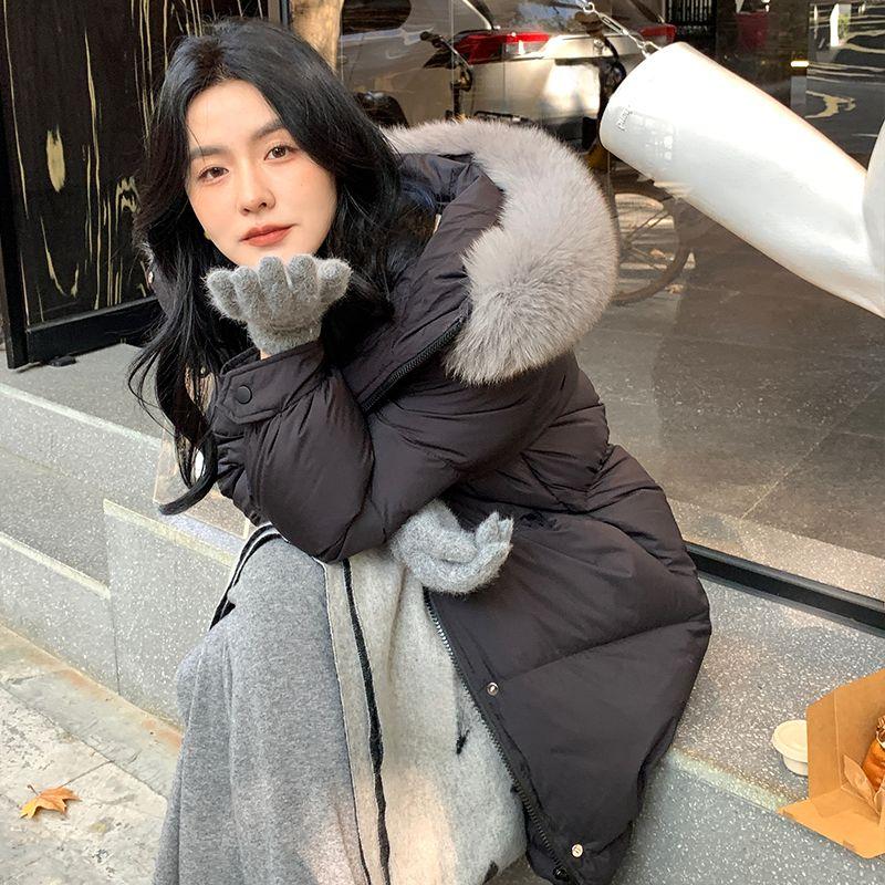 Long Over-the-knee Hooded Down Cotton Coat for Women Winter Big Fur Collar Thick Cotton Coat Trend Parkas Jackets