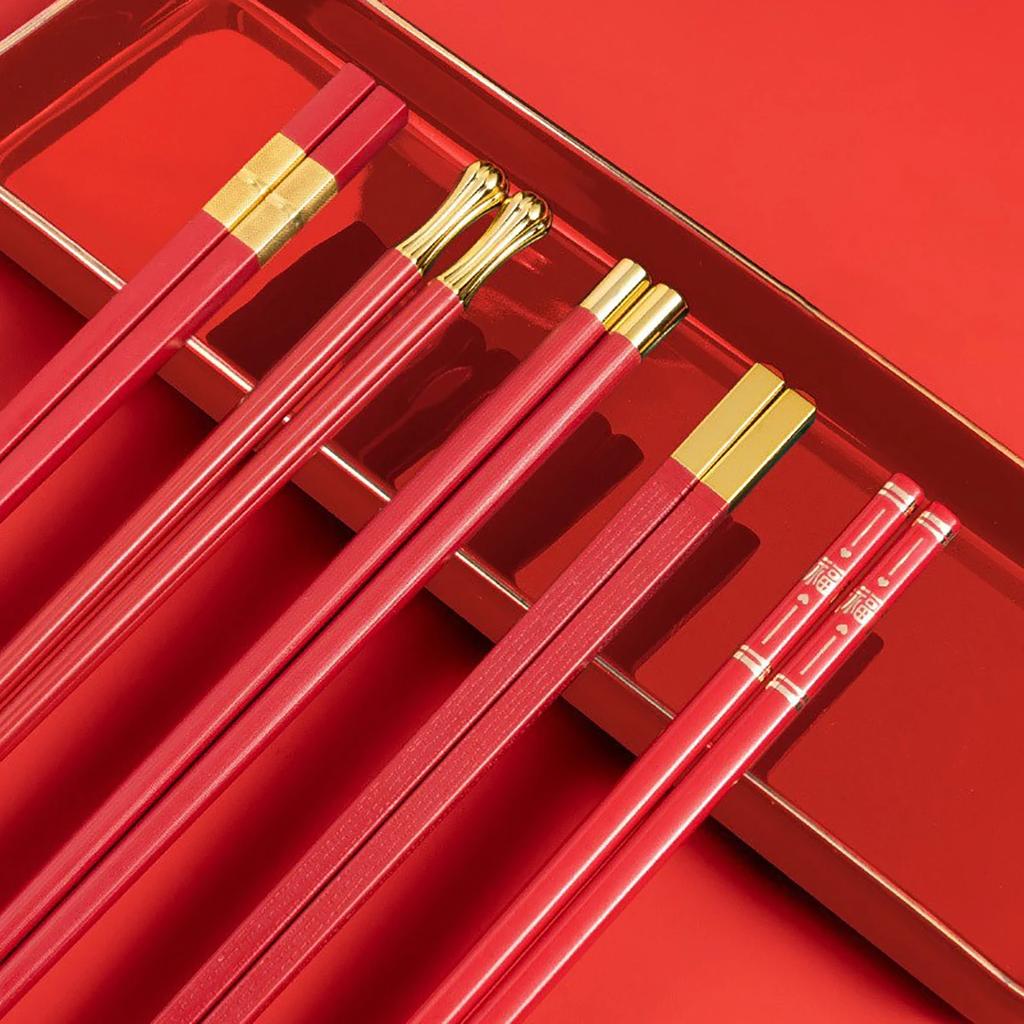 5Pairs Red Festival Chopsticks Set Anti Slip Sushi Chopstick Durable Chinese Style Alloy Chopsticks Easy To Clean Reusable