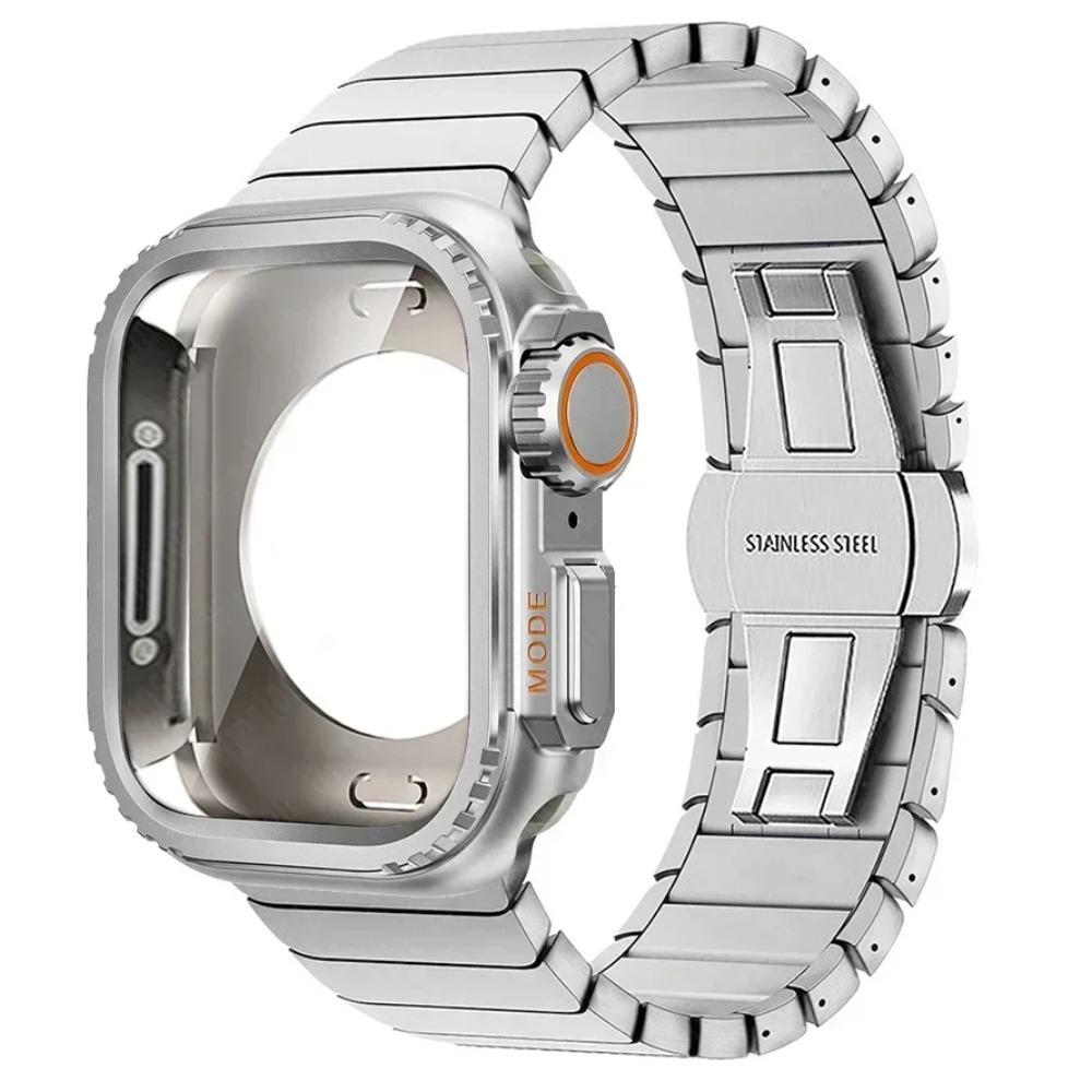 Custodia Metallica+Cinturino in Acciaio Inossidabile per Apple Watch Band Ultra 3 2 49mm 11 10 46mm Guscio Protettivo Upgrade Iwatch 9 8 7 SE 45mm 44