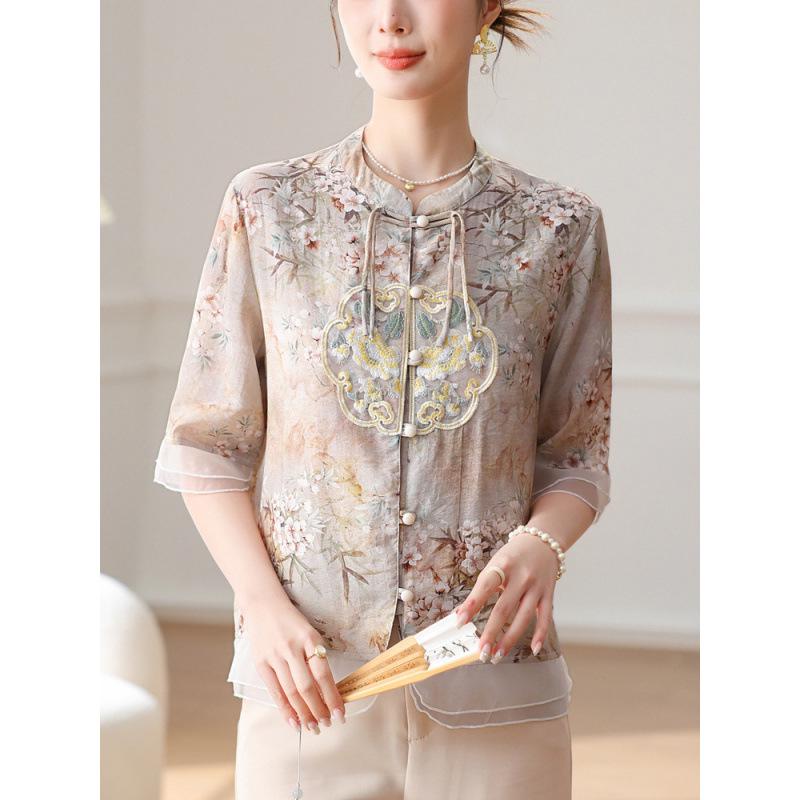 2024 New Chiffon Short Sleeve Blouse - Chinese Style Spring/Summer Top for Middle-Aged Women