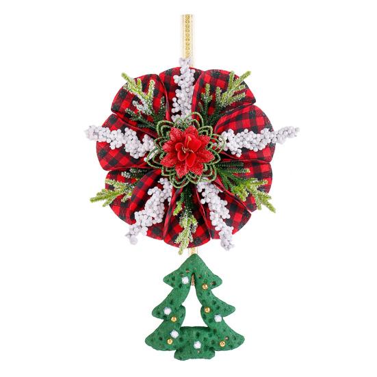 Christmas Wreath Decoration Red Artificial Poinsettias Buffalo Plaid Wreath with Star/Tree Ornament for Wall Window Porch Door Indoor Outdoor Decor