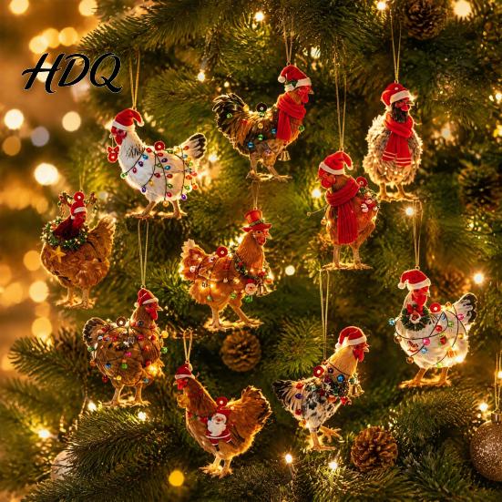 Funny Chicken Exchange Gifts for Friends Mini Christmas Ornament Cute Rooster with Santa Hat Wooden Xmas Tree Rustic Hanging Decor Decoration,