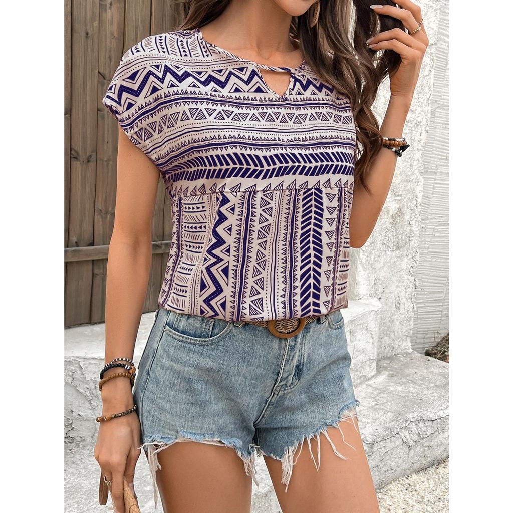 GMXIA Women's European and American Geometric Pattern Round Neck Short-sleeved Shirt Top