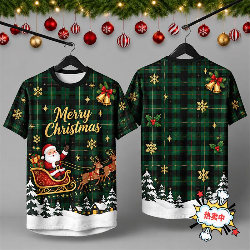 Red Plaid Christmas Gingerbread Man Double Sided 3D Print Short Sleeve T-Shirt Holiday Top