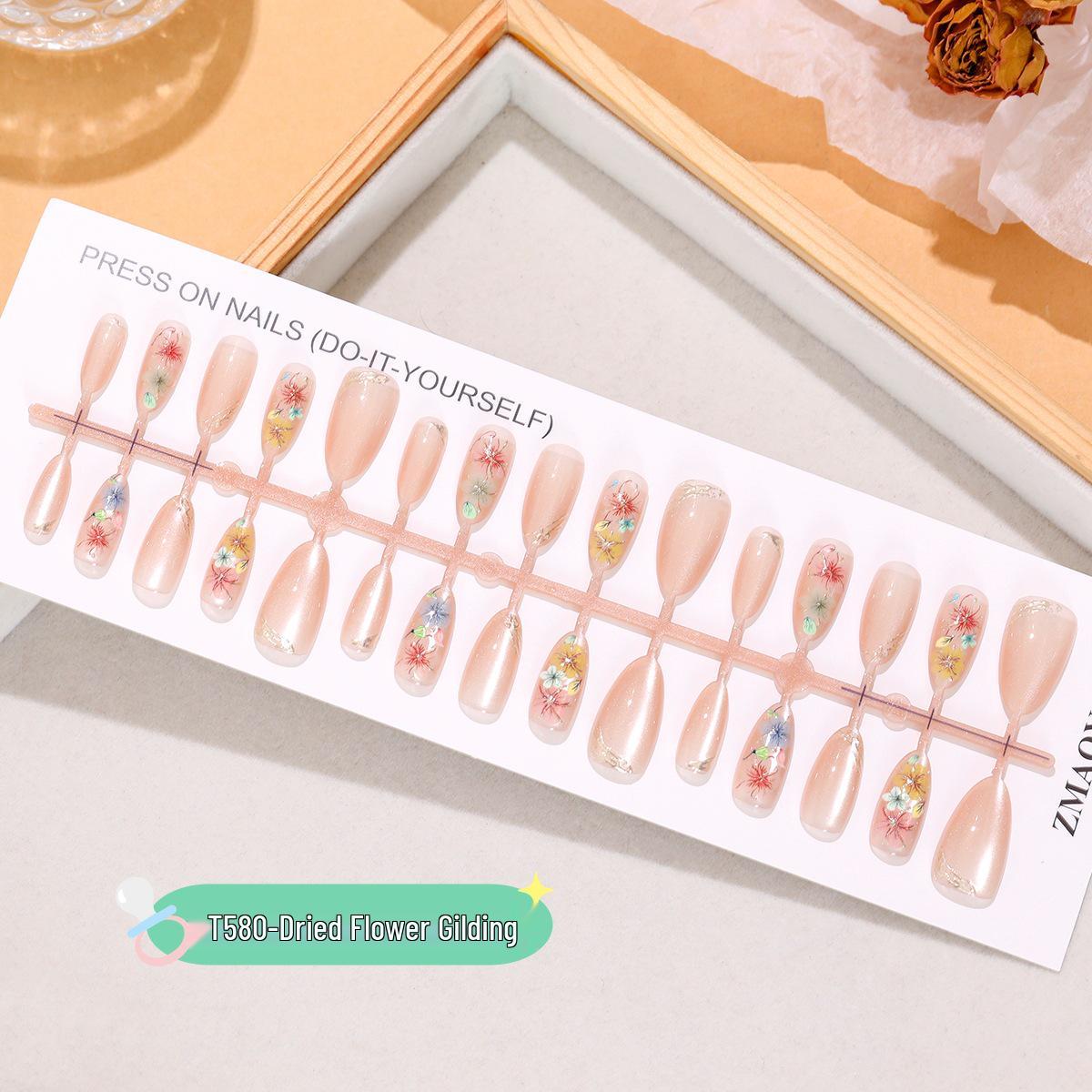 

Короткие миндалевидные накладные ногти с сухоцветами и золотой фольгой - Весенне-летний сказочный стиль, дизайн кошачий глаз , 30 съемных штук S