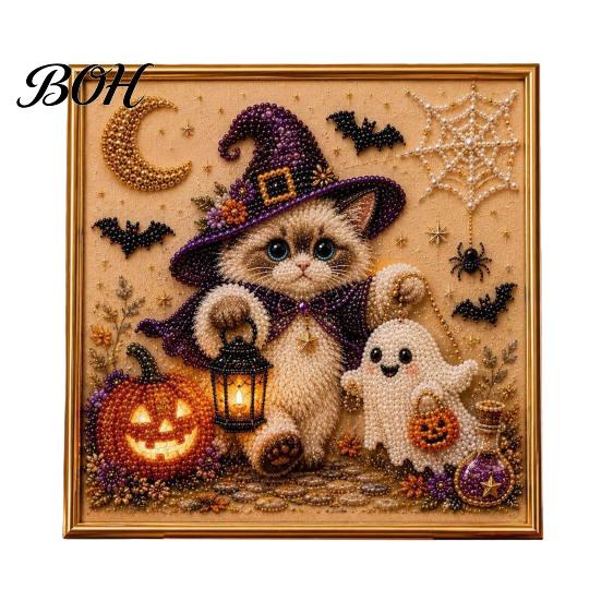 Unique Birthday Gifts for Her Ghost Faux Pearl Art DIY Kit with Frame, Halloween Cat Painting Craft Adults And Teens Kit, 3D Witch Pumpkin Adults,