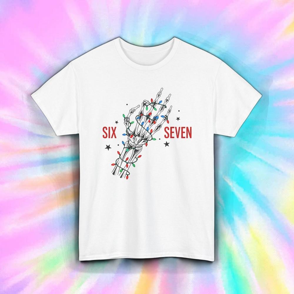 Six Seven Skeleton Christmas Lights Shirt | Funny Holiday Goth Hand Tee S-5XL Unisex T-Shirt L