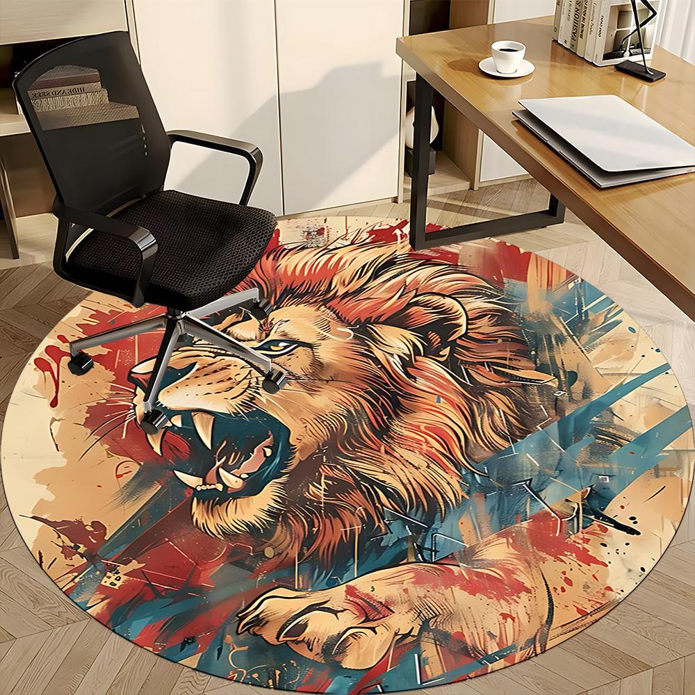 1PC Lion Roar Office Round Area Rug,  Mat Suitable ForOffice, Under Office Chairs Bedroom Living Room Home Decor, Room Deco