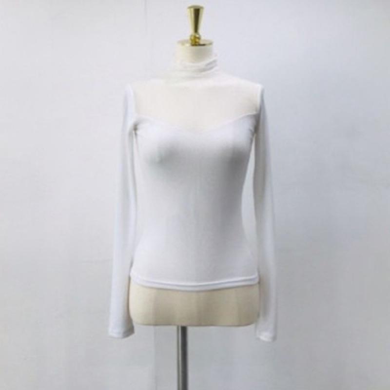 

Korean Dongdaemun Women s High Neck Lace Mesh Splice Long Sleeve T-shirt One Size білий