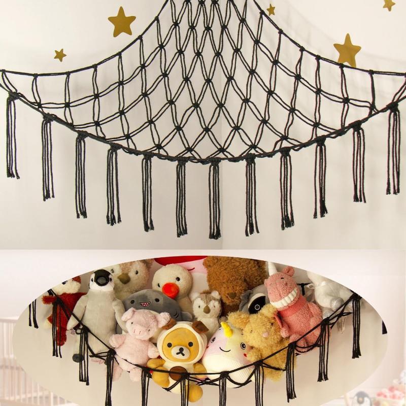 Boho Tassel Toy Hammock Wall Corner Hanging Storage Net Durable Cotton Woven Organizer for Kids Room Nursery Home Decor