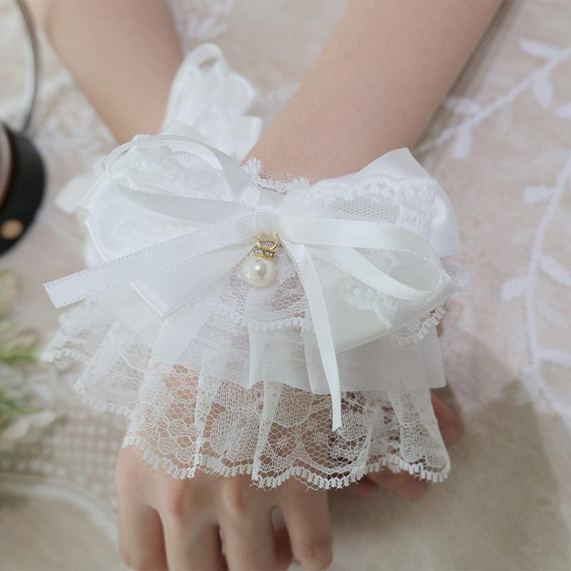 White Flower Lace Pearl Bow Fake Flared Sleeves Bracelet Sweet Girl Wristband Layer Detachable Cuff Cosplay Ornament