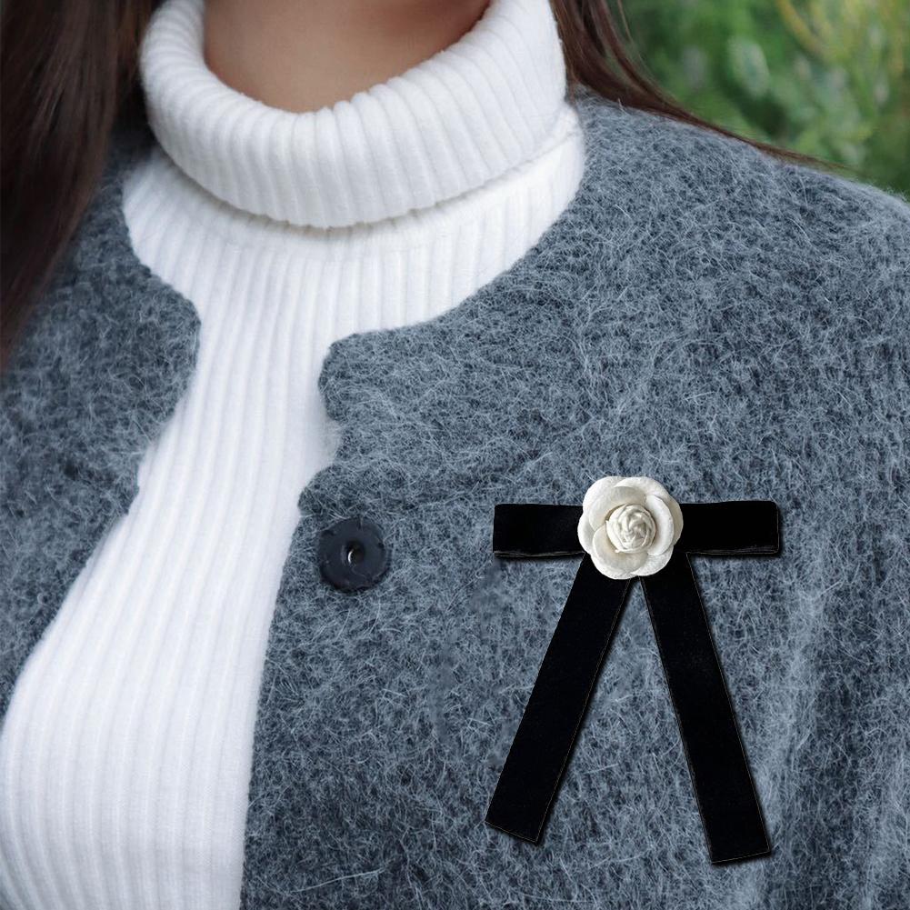 Camellia Flower Brooches Pin Pre-Tied Bowknot Pin Collar Neck Clips Wedding Party Bow Tie Neck Tie Lapel Pins for Women Girls