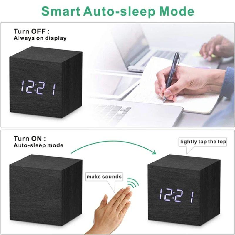 ABIY Square Wooden LED Digital Alarms Clock Wooden Retro Luminous Clock LED Bedside Table Desktop Clock Mini Digital Clock