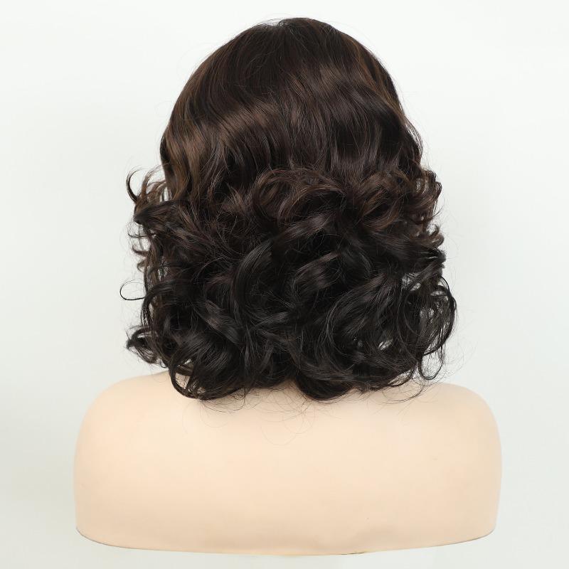 Synthetic Elegant Short Curly Wave Hair Brown Bob Wig Side Parting Wig for Women Natural Fluffy Daily Cosplay Party Use