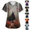 Womens V Neck Short Sleeve Work Shirt Side Slit with Pockets Halloween Print Top Casual Fit Lightweight Fabric