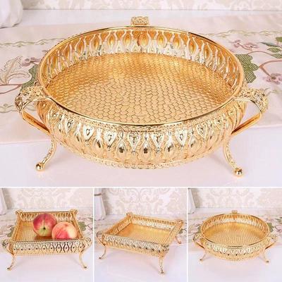 Bandeja de Frutas Creativa Vintage Dorada Plato de Frutas Redondo Cuadrado Dorado Multifunción Metal Snack Plato de Almacenamiento para el Hogar Vajilla
