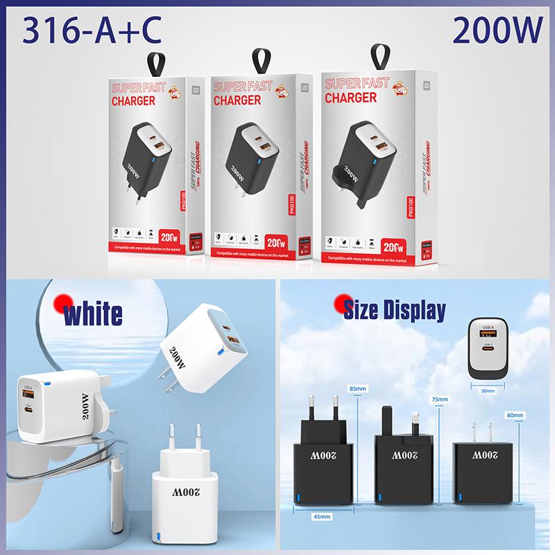 200W Usb Type-C Phone Charger With Indicator Light Usb-C Fast Charging Power Adapter For Iphone For Samsung Huawei Xiaomi