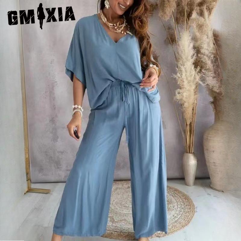GMXIA Women's V-Neck Bat Sleeve Casual Loose Wide Leg Pants Set