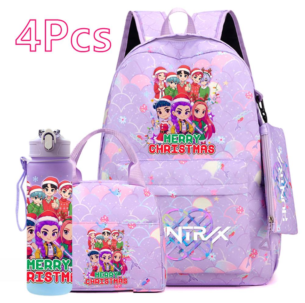 4Pcs/set Christmas KPOP Printed Backpack with Handbag Pencil Case 750Ml Water Bottler for Teenager Boy Girl Large Capacity Bookbag Schoolbag Kid Gift