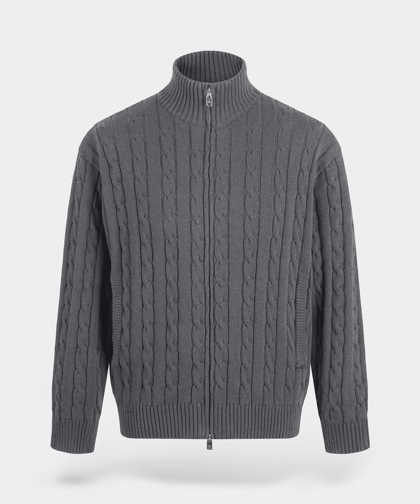 BIRBANTE Washable Cotton Cable Two-Way Knit Zip-Up - Grey