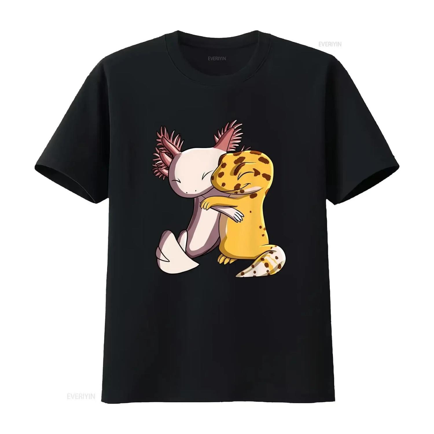 

NEW LIMITED Cute Kawaii Leopard Gecko Hugging Axolotl T Shirt vintage Washed Breathable Stylish Comfortable Soft Slightly S чёрный