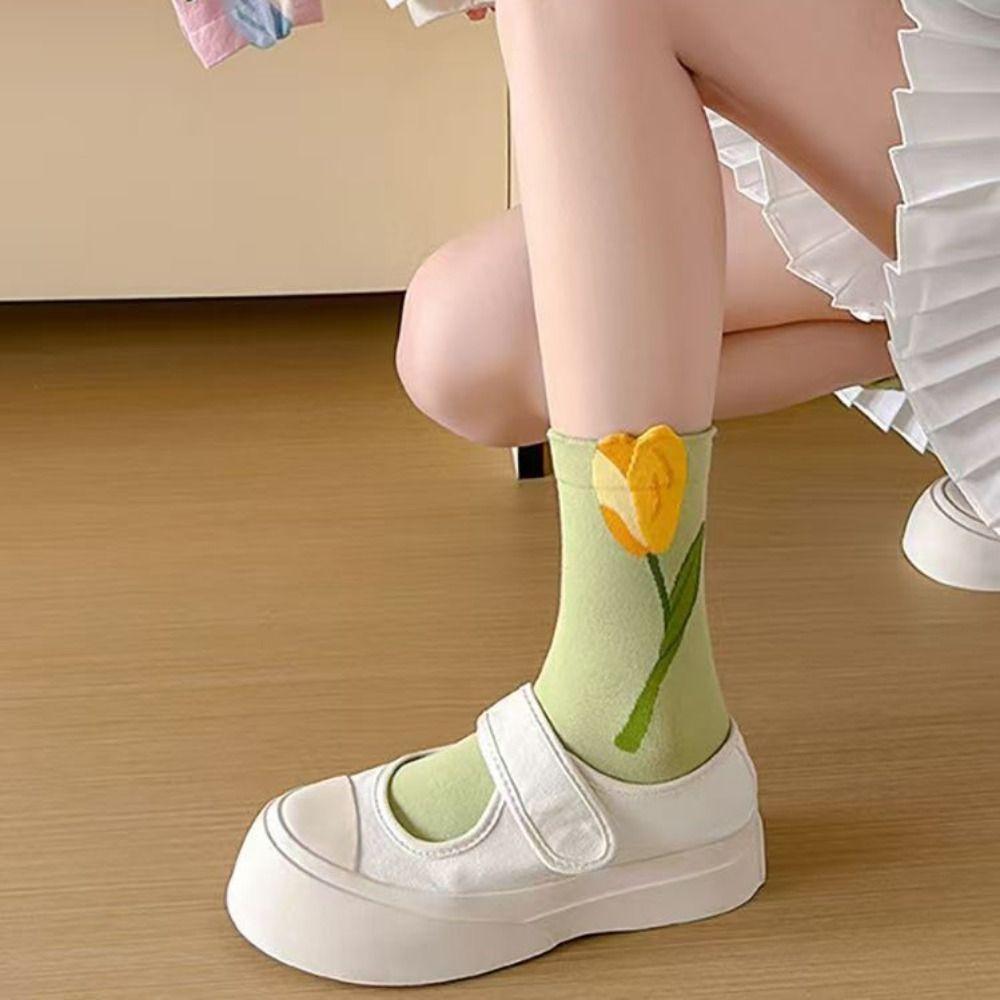 5Pairs Sweet Tulip Flower Socks Thin Socks for Women Soft Mid Tube Socks  Girl