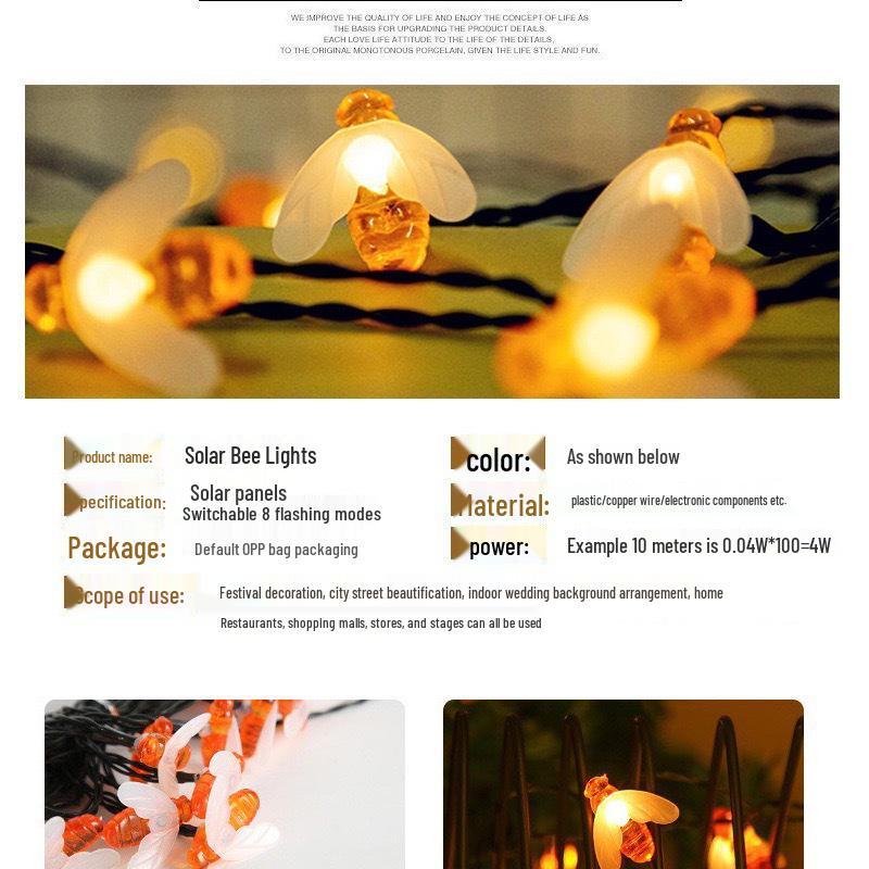 LED Solar Little Bee Waterproof Outdoor Fairy String Lights for Holiday Courtyard Decoration
