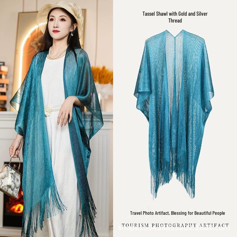 European-Style Women's Gold Thread Shawl: Thin, Evening Wear, Decorative Tassels, Hollow-Out Design, Silk Sun Protection Scarf