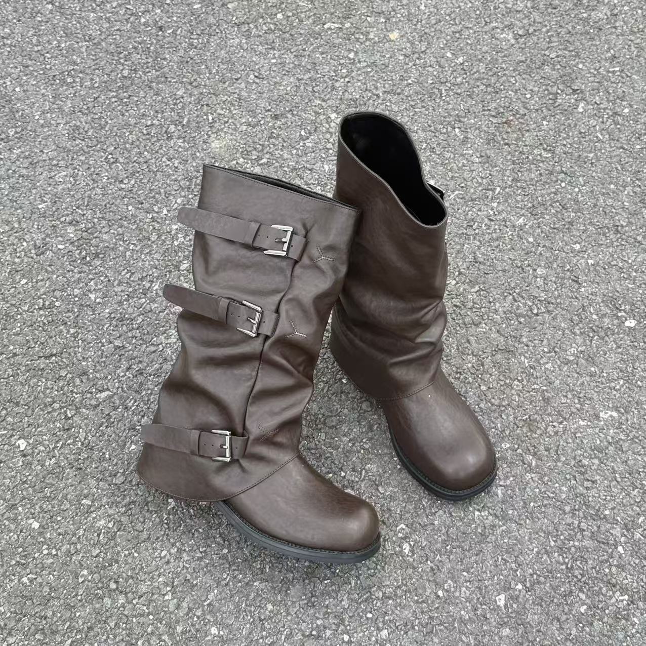 

Retro thick heel medium boots women s 2025 new versatile belt buckle slim knight boots side zipper thick-soled western boots 40 коричневый