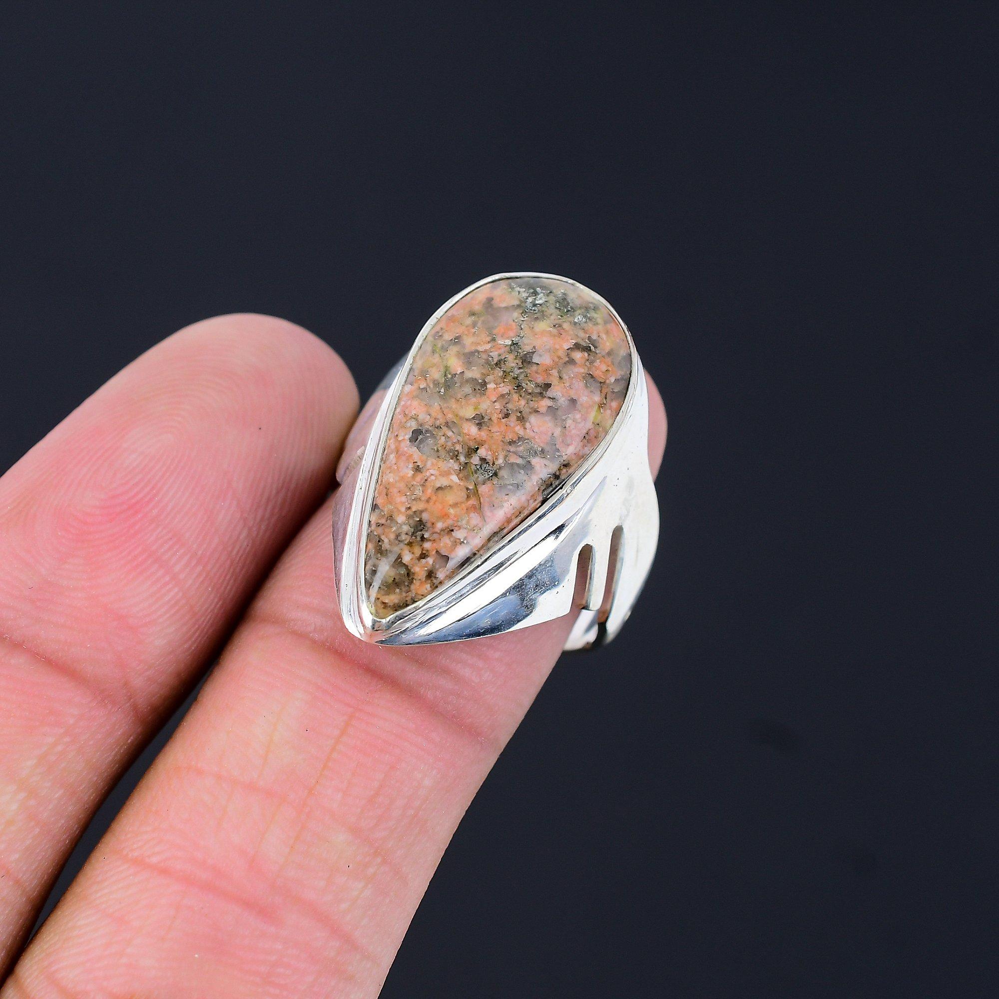 Pear Unakite Stone 925 Sterling Silver Solitaire Trendy Ring Jewelry Size 8.5 8.5