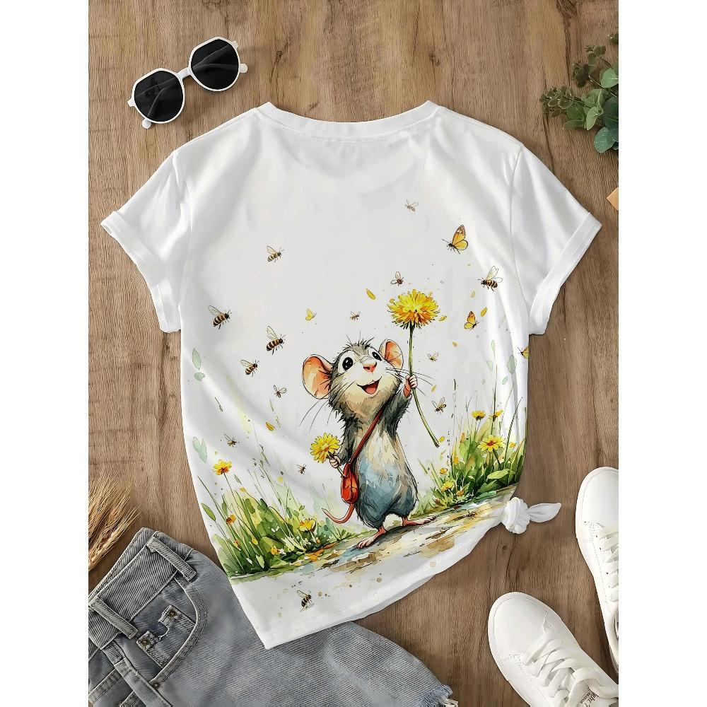 Women's clothing, one-piece round neck short-sleeved printed T-shirt, kind and cute little mouse pattern